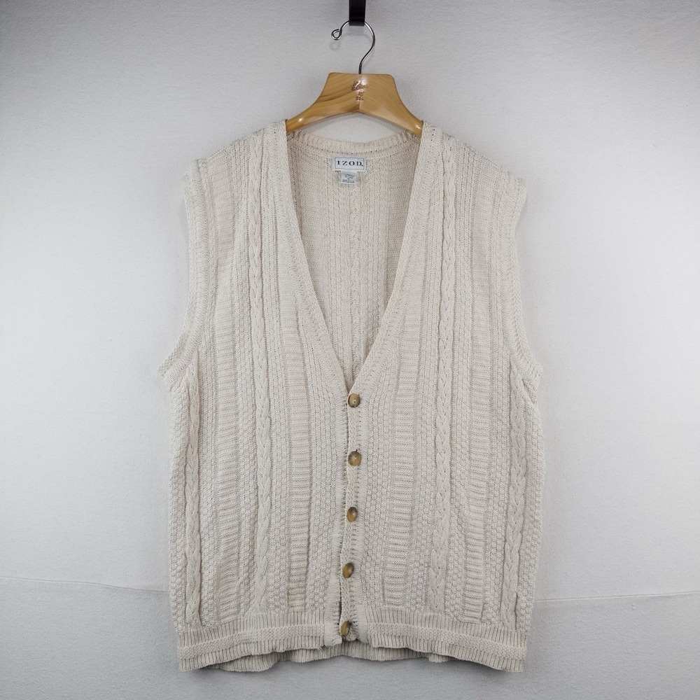 90's Vtg Izod Cable Knit Vest Men's XL Beige Fisherman Made In The USA